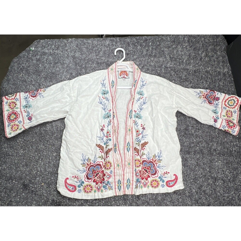 Johnny Was Sicilia Crop Linen Kimono Jacket Embroidery White Women Size M